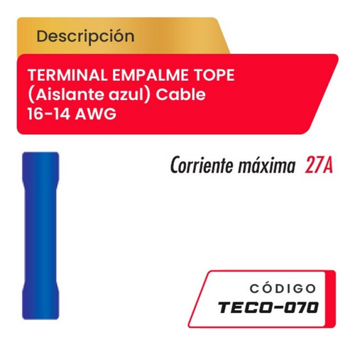 Terminal Empalme Tope Cable 16-14awg Teco-070 Codire Azul