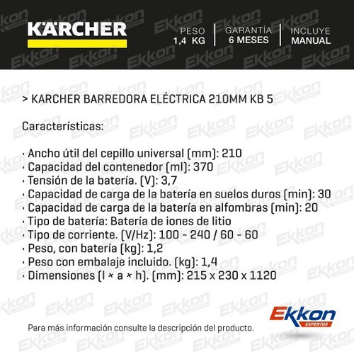Imagen 2 de 10 de Barredora Escoba Eléctrica Karcher 210 Mm Batería Kb 5