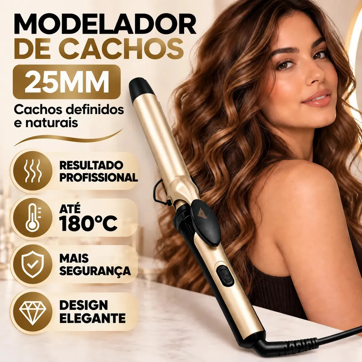 Modelador de Cachos Profissional 37W 180°C Cilindro 25mm Babyliss para Ondas Cachos Perfeitos
