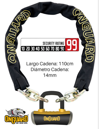 Imagen 2 de 7 de Cadena Con Candado Onguard 8016 Para Bicicleta O Motocicleta