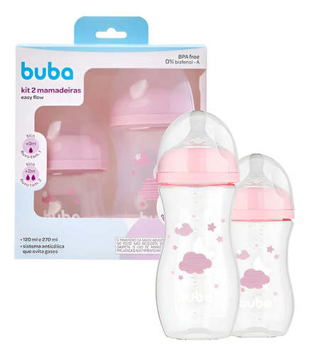 Kit Dupla Mamadeiras Buba Easy Flow Nuvem Bebês Mãe Neném Cor Rosa