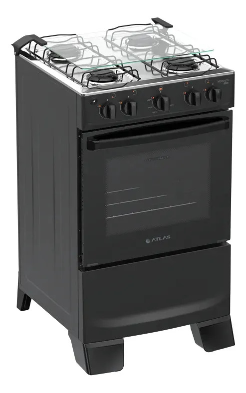 Fogão 4 Bocas Atlas Mônaco Plus com Mesa de Inox Automático Preto Bivolt