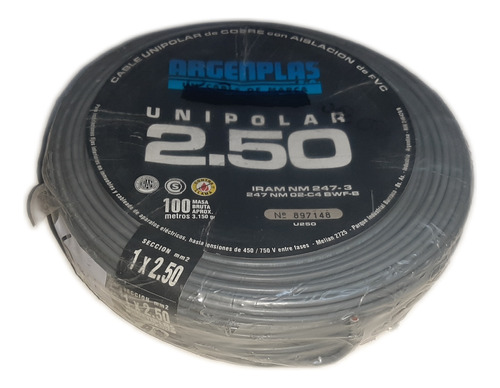 Cable Unipolar Argenplas 2,5 Mm X 100 Metros, Gris