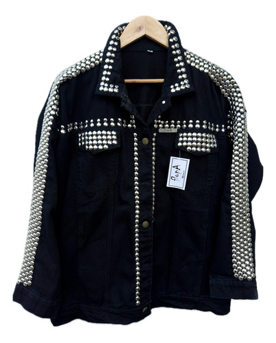 Campera De Jean Con Tachas Oversize Larga Negra De Dama