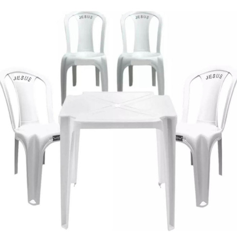Jogo De Mesa 4 Cadeiras Plástica Bar Festa Jantar Preta Cor Branco Desenho Do Tecido Das Cadeiras Jesus