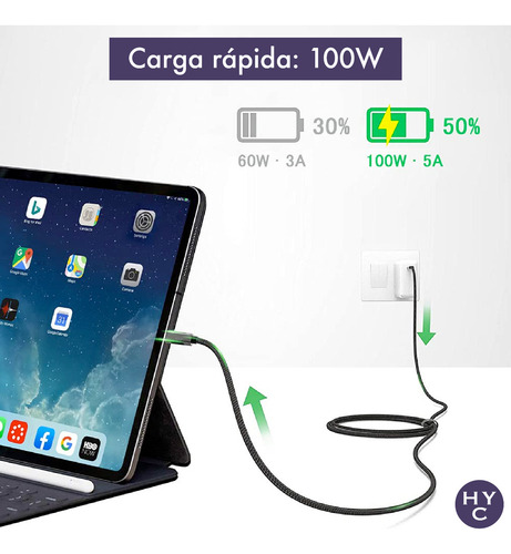 Imagen 6 de 10 de Cable 2 Metros Usb C Thunderbolt 3 100w 4k 60ghz 10gbps