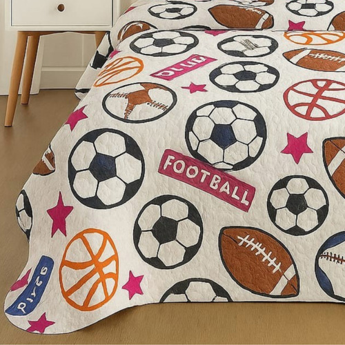 Kit Colcha Cobre Leito Infantil Menino Menina Solteiro 2 Pçs Cor Branco Futebol