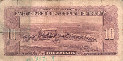 Billete Extranjero De Coleccion R.o.uruguay 10 Pesos 1939 (Usado)