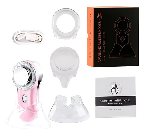 Aparelho Facial Multifunções Rf Íons Led Aquece E Vibra Rosa