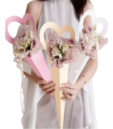 5 Sacola Buque Rosas Flores Coração De Papel Branco 46 Cm