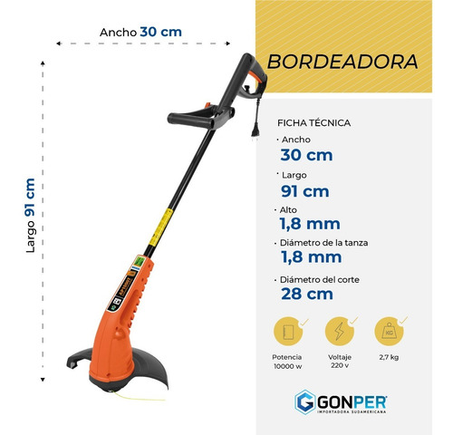 Imagen 3 de 8 de Bordeadora Eléctrica Tramontina Cesped 1000w 28cm De Corte