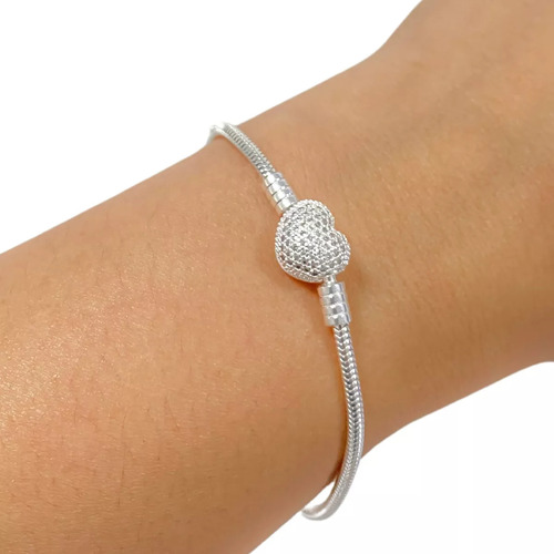 Pulseira 17cm Fecho Coração Cravejada Prata 925 Premium Comprimento 17 Cm Cor Prateado