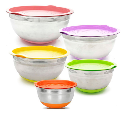 Set De Bowls X5 Acero Inoxidable Tapa Base Silicona