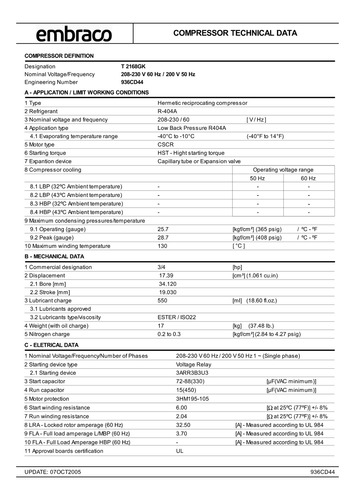 Compressor Embraco Aspera T2168gk 220v R404a - Original Zero
