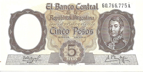 Bottero 1924 - Billete De 5 Pesos Mon. Nac. Año 1961 - Exc.-