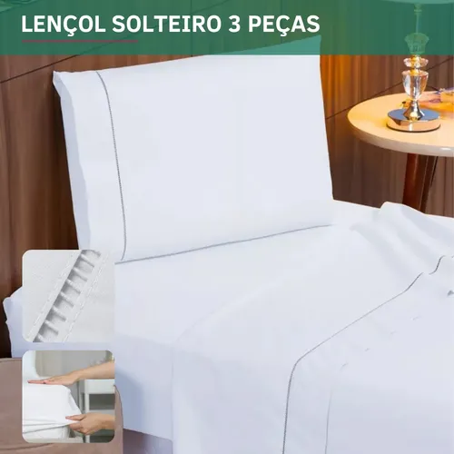 Lençol Solteiro Padrão 3 Peças 400 Fios Percal Com Fronha C/ Ponto Palito Toque Acetinado E Confortável Cor Branco Premium