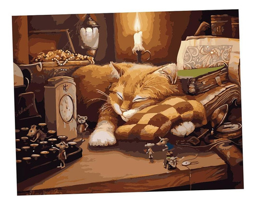 Pintura Al De La Lona Del Trabajo Hecho A Mano Gato Dormido