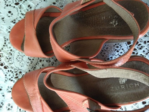 Sandalias Cuero Plataforma Taco Chino Y Pulsera Salmón