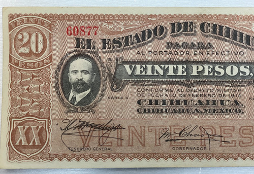 Billete 20 Pesos Banco De Chihuahua, Serie E Febrero 1914 (Usado)