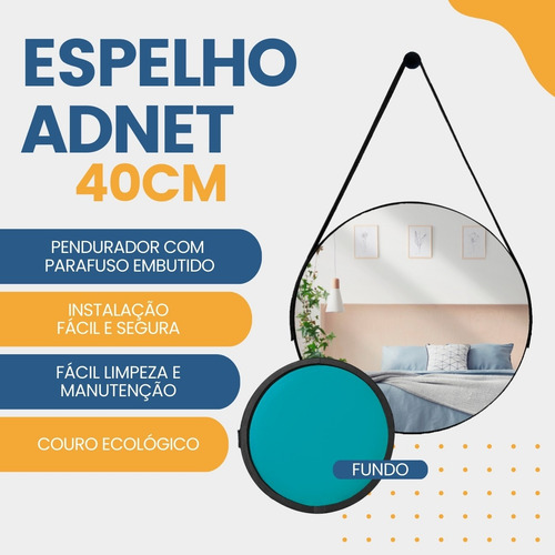 Espelho Adnet 40cm Suporte Couro Sala Quarto Banheiro