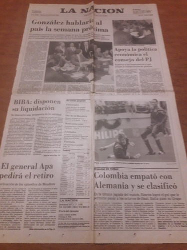 Tapa Diario La Nación 20 06 1990 Mundial Fútbol Colombia Ale