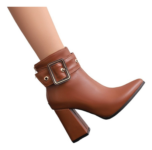 Botines De Mujer De Punta Puntiaguda Con Cremallera Hebilla