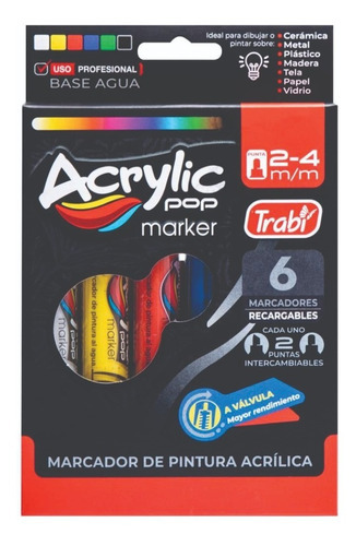 Marcador Trabi Acrylic Pop X 6 Colores 2-4 Mm Pint. Acrílica