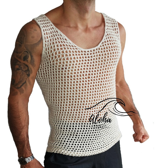 Camiseta De Crochê Regata Masculina Saída De Praia Luxuosa | Parcelamento  sem juros