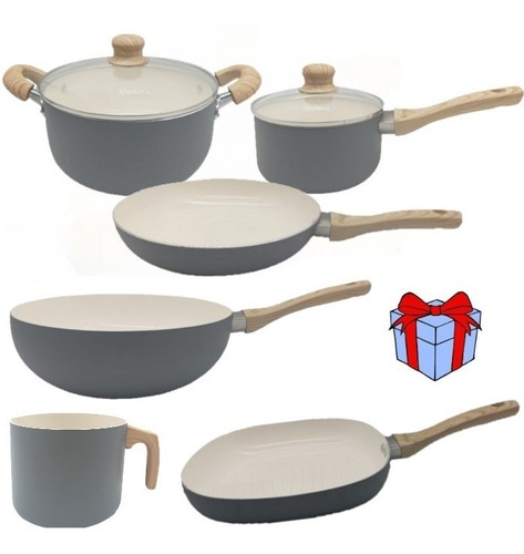 Set 8 Piezas Bateria Cocina Gray Ceramica Antiadh Hudson Hsk