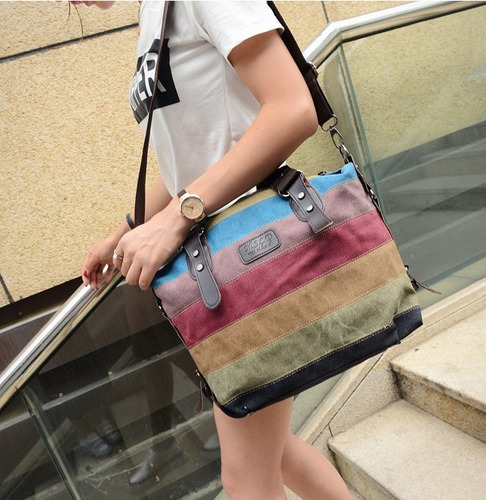 Bolso De Lona A Rayas Retro Para Mujer, Versión Coreana