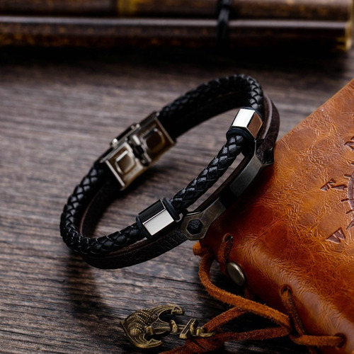 Imagen 6 de 6 de Pulsera Piel Dos Colores Con Placa Acero Pavonado - 69
