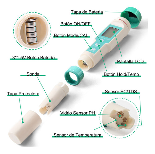 Medidor Ph/tds/ec/salinidad/orp/sg/temp Probador Agua 7 En 1 Bolígrafo de Prueba de Calidad del Agua Portátil de Alta Precisión de 0.01 EC Multifuncional para Hidroponía Piscina Color Verde