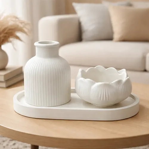 Kit Decorativo Sala Bandeja Com Vasos Design Moderno