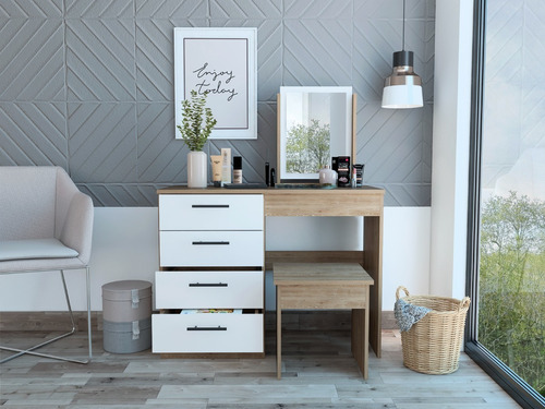 Mueble Tocador Kaia + Banca Rta Miel Blanco Color Marrón Claro