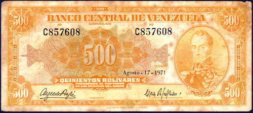 Billete 500 Bolívares C6 Agosto 17 1971 Bolívar Canario