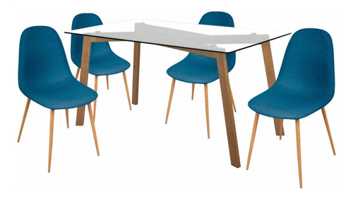 Imagen 1 de 5 de Mesa De Vidrio Para Comedor + Set X 4 Sillas Tamesis Azul