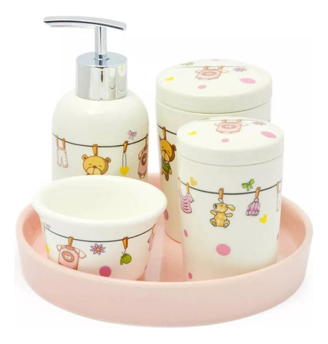 Kit Higiênico Bebê Porcelana Organizador Decorativo Bancada Cor Varal Coral