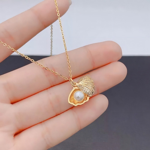 Collar Dije De Concha Con Perla Marina Ostra De Mar Con Piedra Preciosa Chapada En Oro De 18k Para Mujer Dama Elegante Color Dorado
