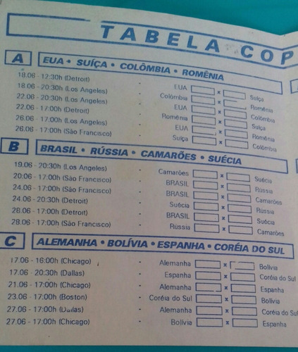 Copa Do Mundo De 1994!!!tabela Rara Ex Banco Baneb - Bahia .