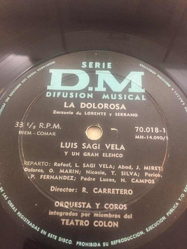 La Dolorosa Luis Sagi Vela Zarzuela Disco Vinilo Lp (Usado)