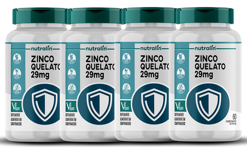 Kit 4 Zinco Quelato 29mg 60 Comprimidos - Nutralin Sabor Sem Sabor