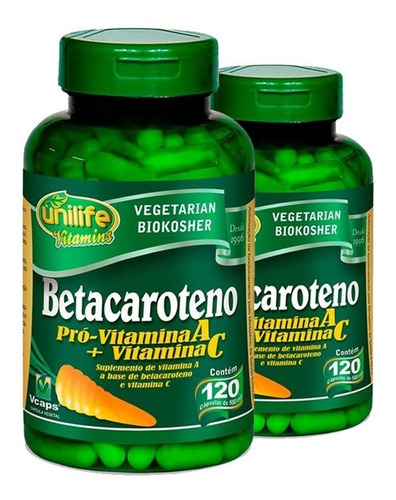 Kit 2 de betacaroteno, provitamina A, 120 cápsulas, Unilife, sabor sin sabor