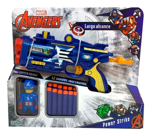 Avengers Pistola Power Strike Con Dardos +  Muñeco Ditoys