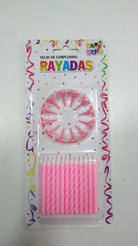 Imagen 2 de 3 de Pack Set Velas Cumpleaños Cortas Rayadas Blister X 24