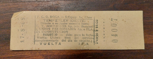Boleto De Tren Línea Roca Año 1968