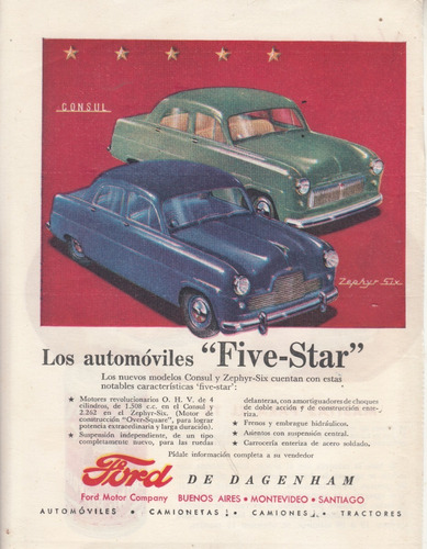 1951 Automoviles Ford Consul Y Zephyr Six Hoja Publicidad 