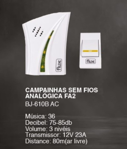 Campainha S Fio 80m De Alcance 220v Flux Modelo 1174