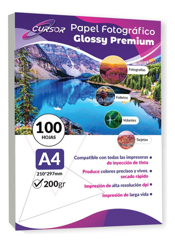  Papel Fotográfico Glossy A4 200gr Alto Brillo X 100 Hojas