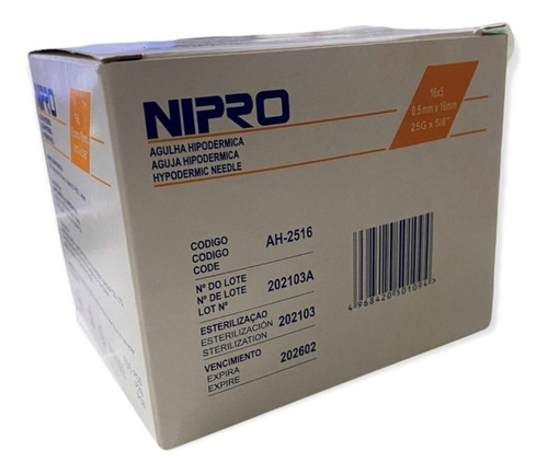 Aguja Naranja HiPodérmica Nipro 25gx16 Mm Caja 100u