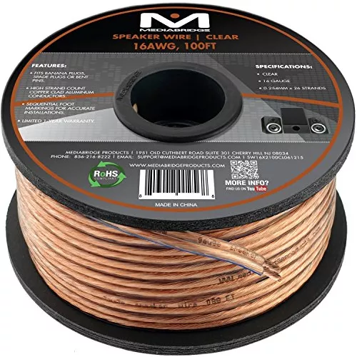 Bobina con 1000 pies de cable de audio para altavoces, 16AWG